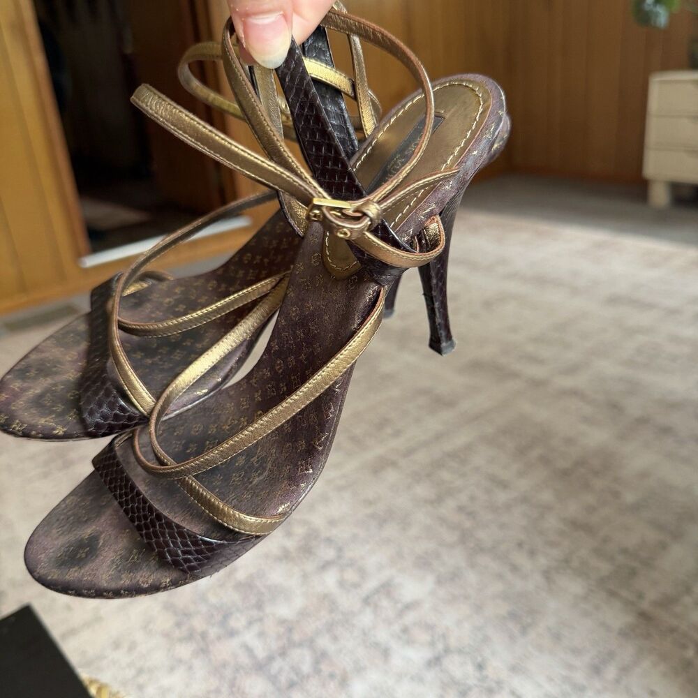 Louis Vuitton Brown Python And Metallic Gold Leather Strappy Sandals Size 39 - Picture 8 of 16